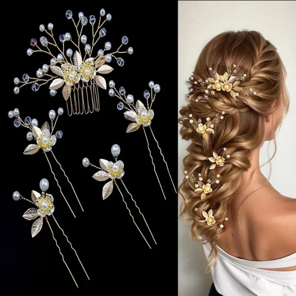 ⁦1 مجموعة اليدوية الذهب والفضة اللون ورقة الزفاف مشط الشعر مع دبابيس الشعر كريستال مطرز زهرة خوذة للنساء إكسسوارات الشعر⁩ - الصورة ⁦4⁩