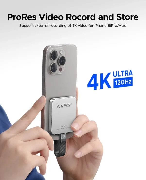 ⁦ORICO K20Mini SSD خارجي مغناطيسي لهاتف iPhone 16 15 Pro/Max ProRes 2000 برميل/الثانية 4K ProRes HDR سجل وتخزين الحالة الصلبة المحمولة⁩ - الصورة ⁦4⁩
