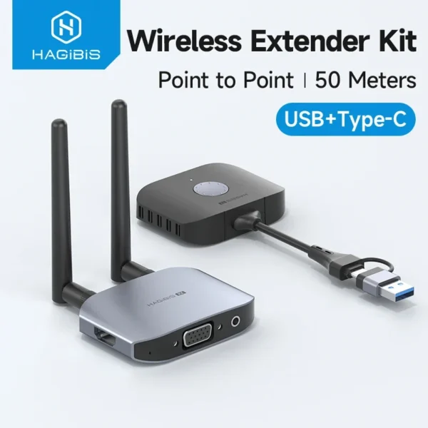 طقم جهاز إرسال واستقبال لاسلكي متوافق مع HDMI من Hagibis من النوع C USB مزدوج التوصيل موسع دونجل تلفزيون لجهاز عرض عالي الدقة