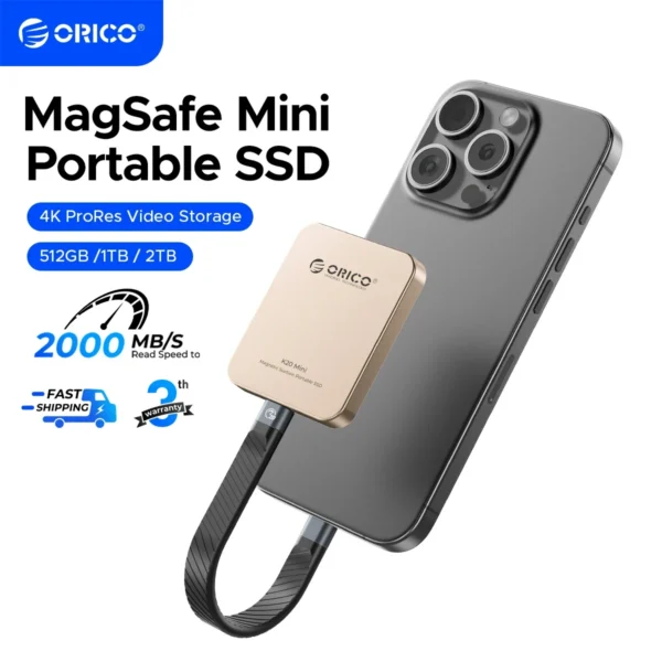 ORICO K20Mini SSD خارجي مغناطيسي لهاتف iPhone 16 15 Pro/Max ProRes 2000 برميل/الثانية 4K ProRes HDR سجل وتخزين الحالة الصلبة المحمولة
