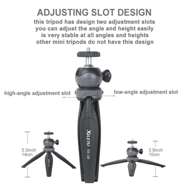 XILETU XS20 Mini Tabletop Tripod Desktop Phone Holder Stand with Clip and Ball Head for iPhone Cell Phone Smartphone DSLR Camera - Image 4