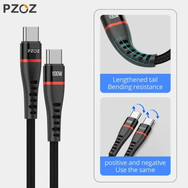 ⁦PZOZ 100W USB C to USB Type C Cable PD 5A Fast Charging For iPhone 15 Pro Max MacBook iPad Samsung Xiaomi 60W USBC Charger Cord⁩ - الصورة ⁦4⁩