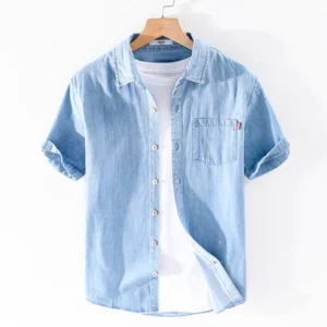 New arrival summer 100% cotton denim shirts men brand short sleeve shirt for men casual fashion shirt mens camsieta camisa<span> - </span>Light Blue, M (Asian Size)