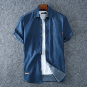 Men's Blue Denim Shirts Short Sleeve Jean Shirts New Summer High Quality Men Cotton Light Blue Denim Shirts Plus size L-8XL<span> - </span>1183 navy blue, 8XL
