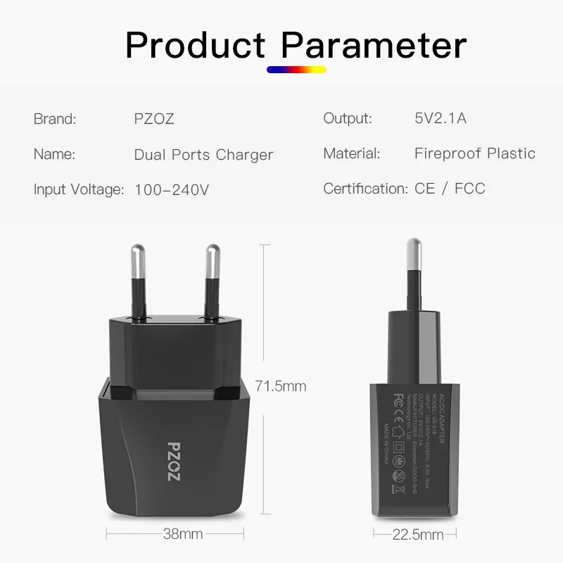 PZOZ Usb Charger Travel EU Plug 2a Fast Charging Adapter portable Dual Wall charger Mobile Phone cable For iphone Samsung xiaomi - الصورة 5