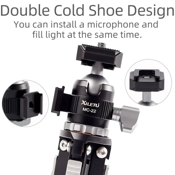 XILETU MC22 Mini Cold Shoe Ball Head Dual Use 1/4 Screw Cold Shoe Aluminum Alloy for Camera Phone Speedlite Tripod Selfie Stick - Image 2