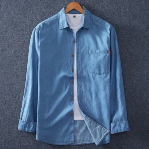 Men's Blue Denim Shirts Long Sleeve Jean Shirts New Summer High Quality Men Cotton Light Blue Denim Shirts Plus size L-8XL<span> - </span>Light Blue, 4XL