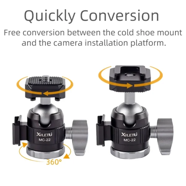 XILETU MC22 Mini Cold Shoe Ball Head Dual Use 1/4 Screw Cold Shoe Aluminum Alloy for Camera Phone Speedlite Tripod Selfie Stick - Image 4