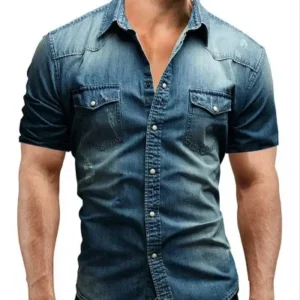 Men Summer Denim Thin Shirt Short Sleeve Soft Cotton Two Pockets Slim Slight Elastic Jeans Cowboy Shirt Clothing 2025<span> - </span>Dark blue, Asian Size L