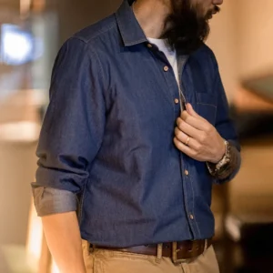 Maden Vintage Long Sleeved Men Denim Shirt Single Pocket Workwear Slim Fit Casual Shirt Single Breasted Turn-Down Collar Blouse<span> - </span>Blue, M