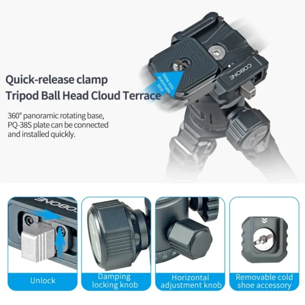 XILETU Portable Aluminum Alloy Travel Tripod 360° Panoramic Ball Head With Quick Release Cold Shoe Camera Tripod For DSLR Camera - Image 2