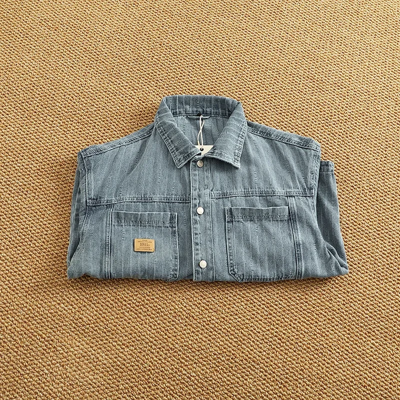 Heavyweight Washed Vintage Denim Shirt Jacket for Men - Textured Utility Stripe Long Sleeve Workwear Shacket - الصورة 2