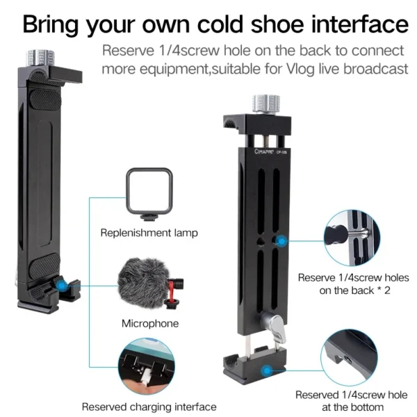 Cimapro CP-12S Universal Aluminum Tablet Tripod Mount for size 135MM-335MM iPad With 1/4 Screw Cold Shoe for Fill Light - Image 5
