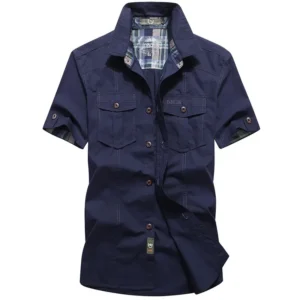Summer Men's Shirts 6XL Short Sleeve Tooling Shirt Multi Pockets Men Working Clothe High Quality Cotton Casual Shirt A2F1391<span> - </span>Blue, CN XL