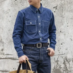 ST-0064 Big US Size Genuine Quality Vintage Looking Loose Fitting Mans 100% Cotton 11oz Denim Wabash Shirt<span> - </span>M 110cm chest