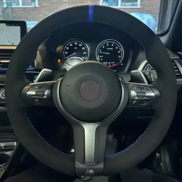 أسود جلد الغزال الأزرق ماركر عجلة القيادة يغطي لسيارات BMW M2 M3 F80 F82 M4 M5 F12 F13 M6 F85 F87 X5 X6 F33 F30 M الرياضة - Image 3
