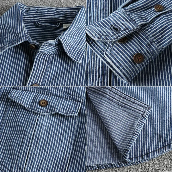 Yarn-dyed striped fabric washed to make old vintage cargo denim shirt for men European and American fashion casual shirt coat - Image 6