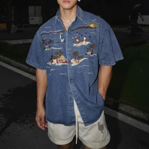 Casual Short Sleeve Denim Shirts For Mens Spring Summer Stylish Embroidery Denim Tops Men Vintage Button Turn-down Collar Shirt<span> - </span>01 Blue, S