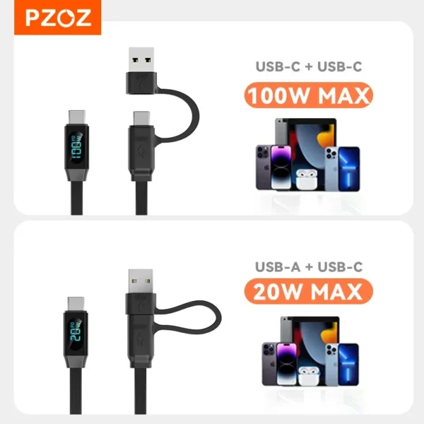 ⁦PZOZ 100W C to C Retractable Cable USB to Type C Lightning Digital Display PD Fast Charging Cable Data Wire For iPhone 16 15 14⁩ - الصورة ⁦3⁩