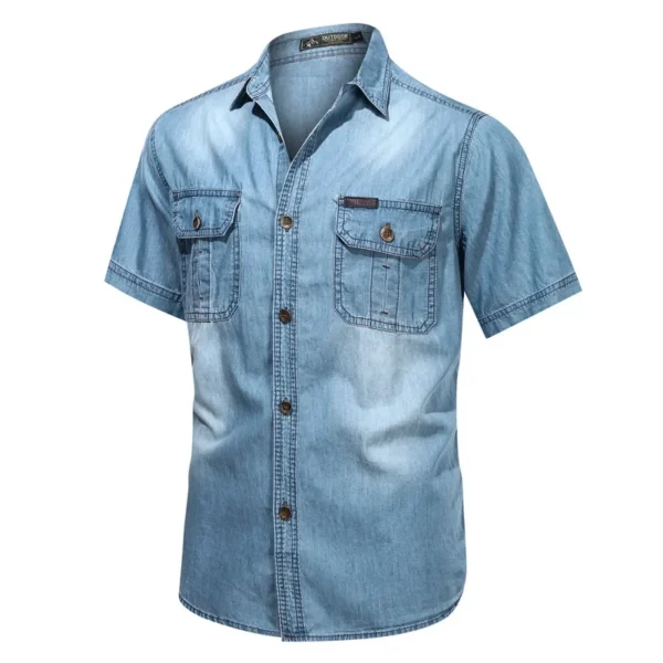 2024 Summer Men's Denim Shirts Short Sleeve Cotton Cowboy Shirt 5XL Oversized Solid Vintage Causal Shirt Men's Clothing AF5010 - Image 4