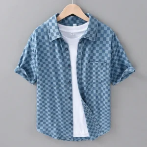2025 Spring Summer New Denim Pure Cotton Short Sleeve Shirts for Men Clothing Plaid Soft Shirts DC8859<span> - </span>Light Blue, Asian 2XL (75-80 KG)