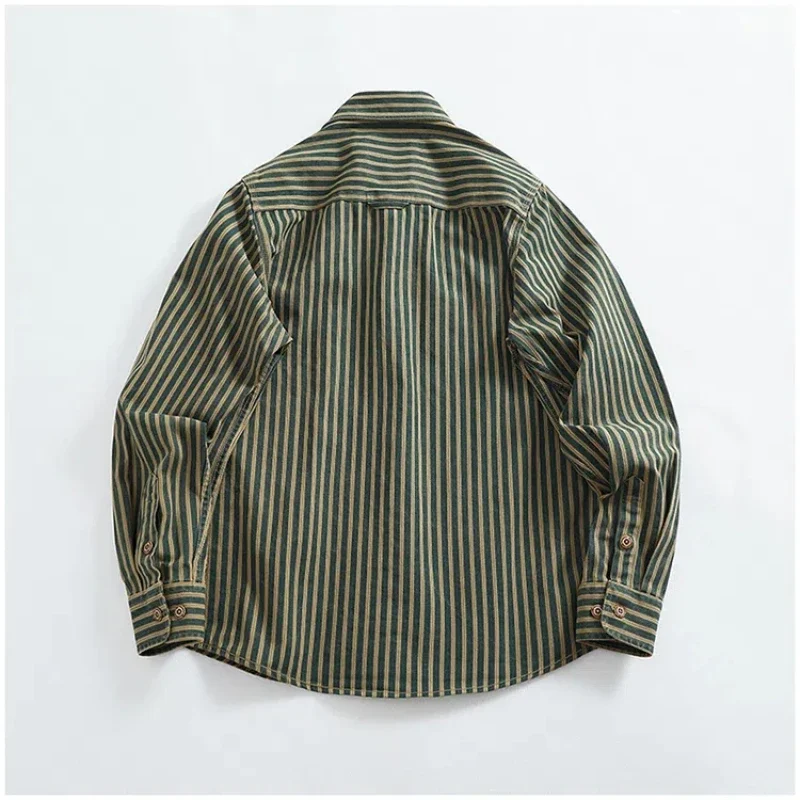 Nostalgic wash to do old blue vertical stripe denim shirt men loose American long-sleeved overalls shirt coat - Image 2