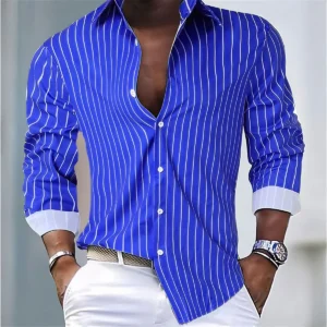 Men's Fashion Loose Striped Shirt 16 Colors Shirt Casual Breathable Lapel Button Long Sleeve Shirt Top Comfortable Soft Fabric<span> - </span>YCZYK2024151D8, S