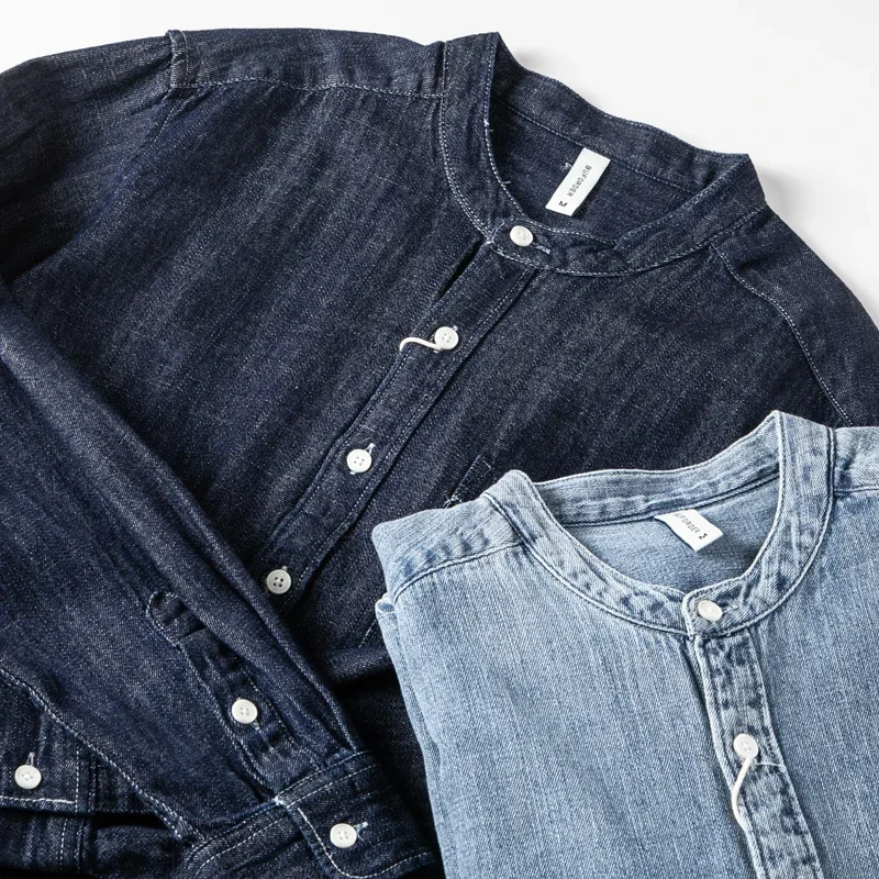 2024 Spring Autumn Casual Loose Washed Denim Collarless Shirts for Men Long Sleeve Japan Vintage Workwear Tops Coats Youth Male - الصورة 3