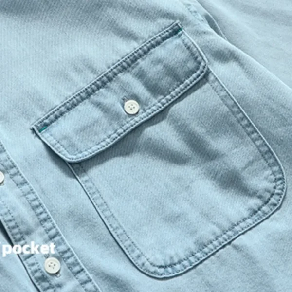 ⁦Spring And Autumn Men's Denim Long Sleeved Shirt With Double Pockets American Work Style Loose Fitting Washed Denim Shirt Jacket⁩ - الصورة ⁦5⁩