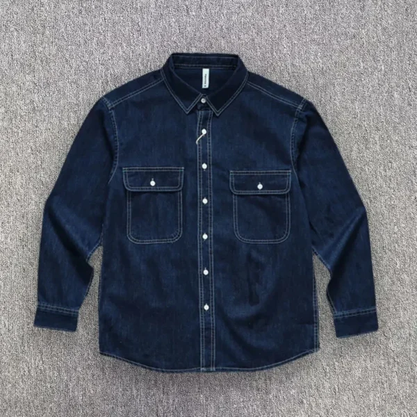 Spring And Autumn Men's Denim Long Sleeved Shirt With Double Pockets American Work Style Loose Fitting Washed Denim Shirt Jacket