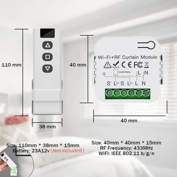 ⁦Tuya Smart Life WiFi ستارة كهربائية أعمى التبديل التتابع مع RF433 Mhz التحكم عن بعد مصراع الأسطوانة الكهربائية جوجل المنزل اليكسا⁩ - الصورة ⁦6⁩
