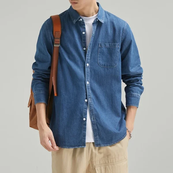 2024 New Men's 100% Cotton Denim Shirt Fashion Black Light Blue Japanese Casual Slim Spring Autumn Long Sleeve Shirts - Image 3