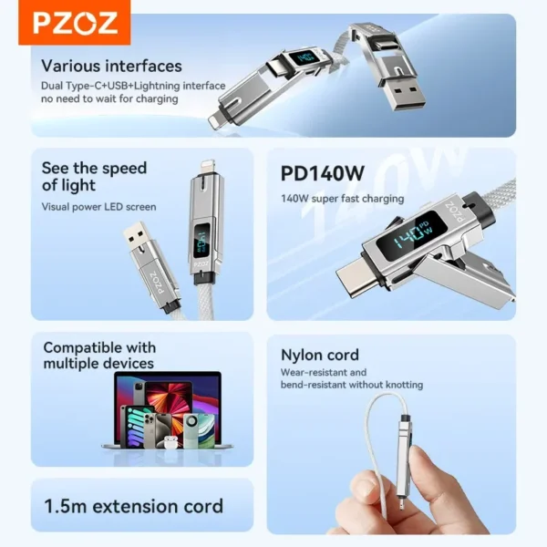 ⁦PZOZ 4 in 1 140W PD USB C Cable Digital Display Fast Charging For iPhone 16 15 14 Pro Max MacBook iPad USB Type C Cord Charger⁩ - الصورة ⁦4⁩