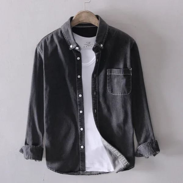 Autumn New 100% Cotton Men's Denim Shirt Casual Male Long-sleeved Shirts Street Japanese Fashion Slim Clothes Light Blue Black - Image 2