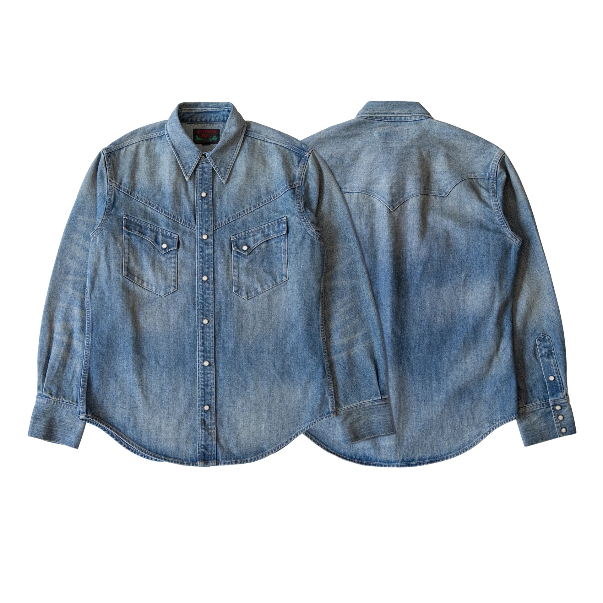 Red Tornado Vintage Denim Western Shirt Pearl Snap Cowboy Ranch Work Shirt for Men - الصورة 5