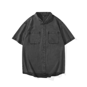Summer Thin Cool Lyocell Denim Shirts Men Streetwear Fashion Short Sleeve Loose Casual Plus Size Vintage Shirts Male Blouses<span> - </span>676 black gray, XL