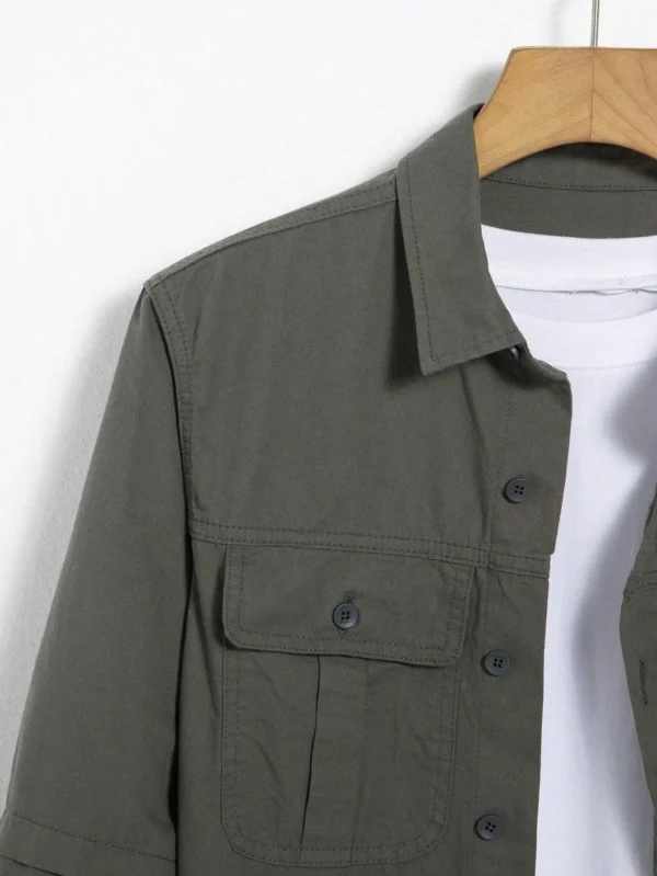 Men's long - sleeved denim shirt for spring and autumn. Military - green workwear shirt. Daily simplicity. Street fashion. - Image 5