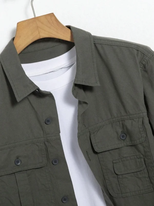Men's long - sleeved denim shirt for spring and autumn. Military - green workwear shirt. Daily simplicity. Street fashion. - Image 3