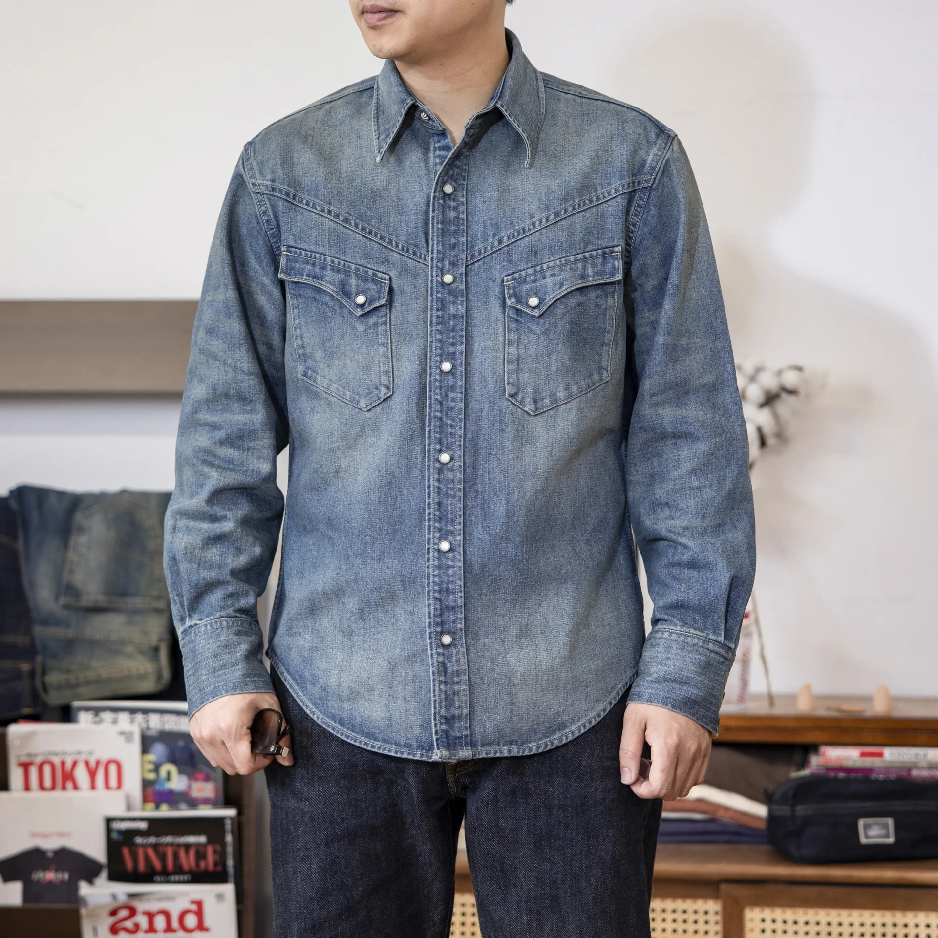 Red Tornado Vintage Denim Western Shirt Pearl Snap Cowboy Ranch Work Shirt for Men