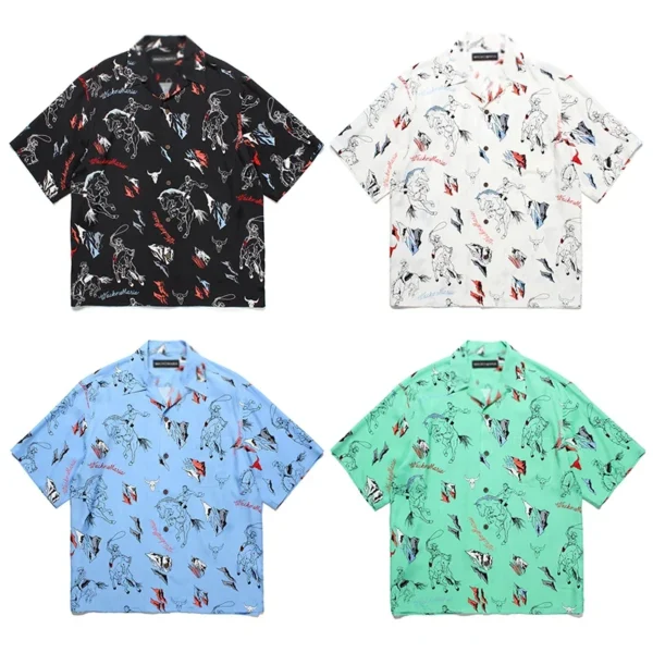 Pdmcms 25ss New Western Denim Drawstring Casual Synthetic Silk Hawaiian Lapel Short Sleeved Shirt For Men
