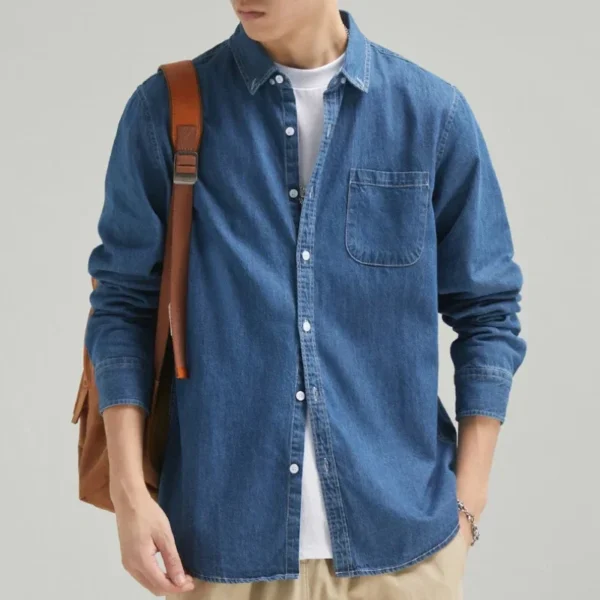⁦New Four Seasons Men's Long Sleeve Denim Shirt Cotton Jacket No Ironing Casual Social Comfortable and Breathable 3 Colors⁩ - الصورة ⁦2⁩