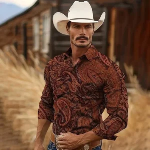 Men's long-sleeved shirt Four seasons casual lapel button down shirt Men's denim retro ethnic totem style breathable soft shirt<span> - </span>YCZHK2024091C5, XL