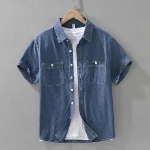 2025 Spring Summer New Casual Denim Pure Cotton Short Sleeve Shirts for Men Clothing Big Pockets Turn-down Collar Shirts CM8152<span> - </span>Dark blue, Asian XL (65-75 KG)