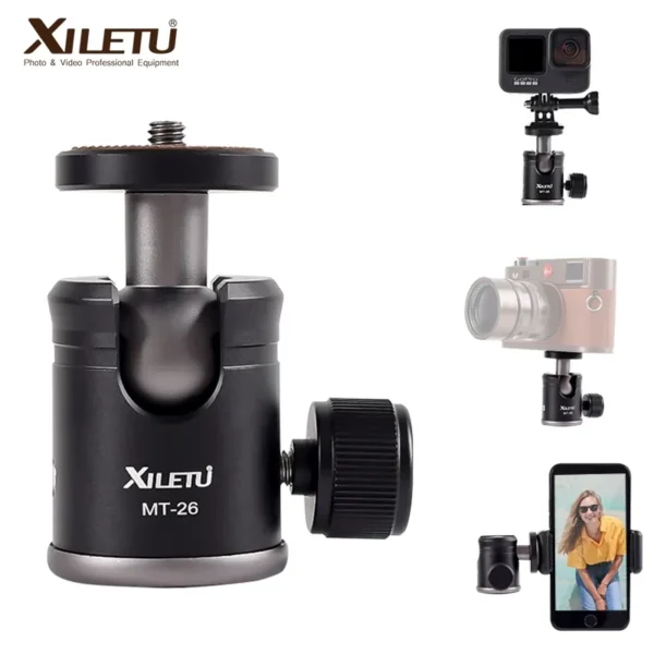 XILETU MT26 Metal Mini Ball Head 1/4" Ball Head For Tripod DSLR Camera Tripod Mount 360 Rotating Mount Base Adapter