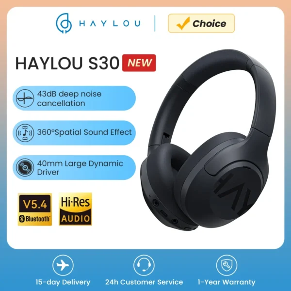 HAYLOU S30 Wireless Bluetooth 5.4 Headphones 43dB Adaptive Noise Cancelling Headphones 40mm Driver 80H Playtime Headphones