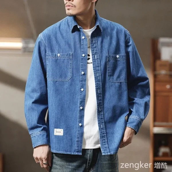 ⁦Spring New Arrival Men's Big Size Denim Shirt Oversized Loose Fit Streetwear Style Jacket for Big Men Plus Size mens shirt⁩ - الصورة ⁦3⁩