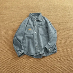 Heavyweight Washed Vintage Denim Shirt Jacket for Men - Textured Utility Stripe Long Sleeve Workwear Shacket<span> - </span>Blue, XXXL
