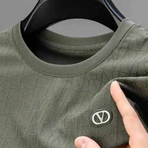 Summer Ice Silk Breathable Short sleeve T-shirt Men Round Neck Casual Top Brand Fashion Jacquard Solid Color Casual Half Sleeve<span> - </span>green, 4XL