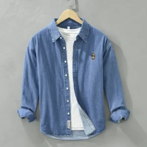 Vintage Denim Shirts for Men Embroidery Bear Long-sleeved Shirt 100% Cotton Casual Simple Japanese Style camisas de hombre<span> - </span>Navy Blue, M