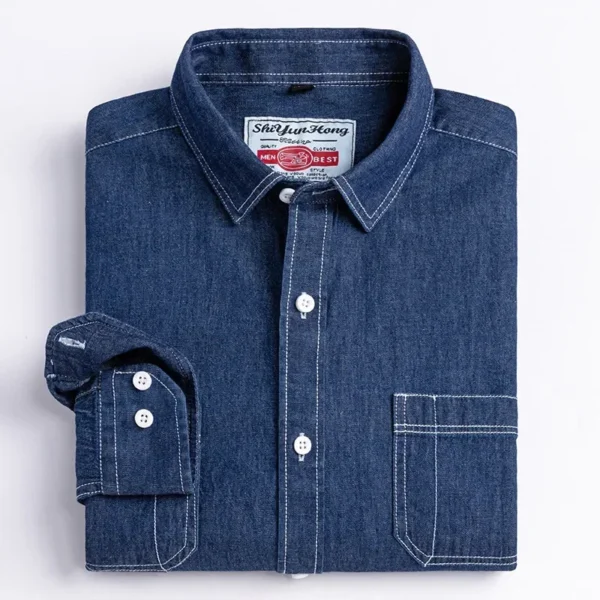 2023 Denim Pocket Design Shirt Classic 100% Cotton Long-Sleeve Fashion Embroider Comfortable Clothes - Image 2